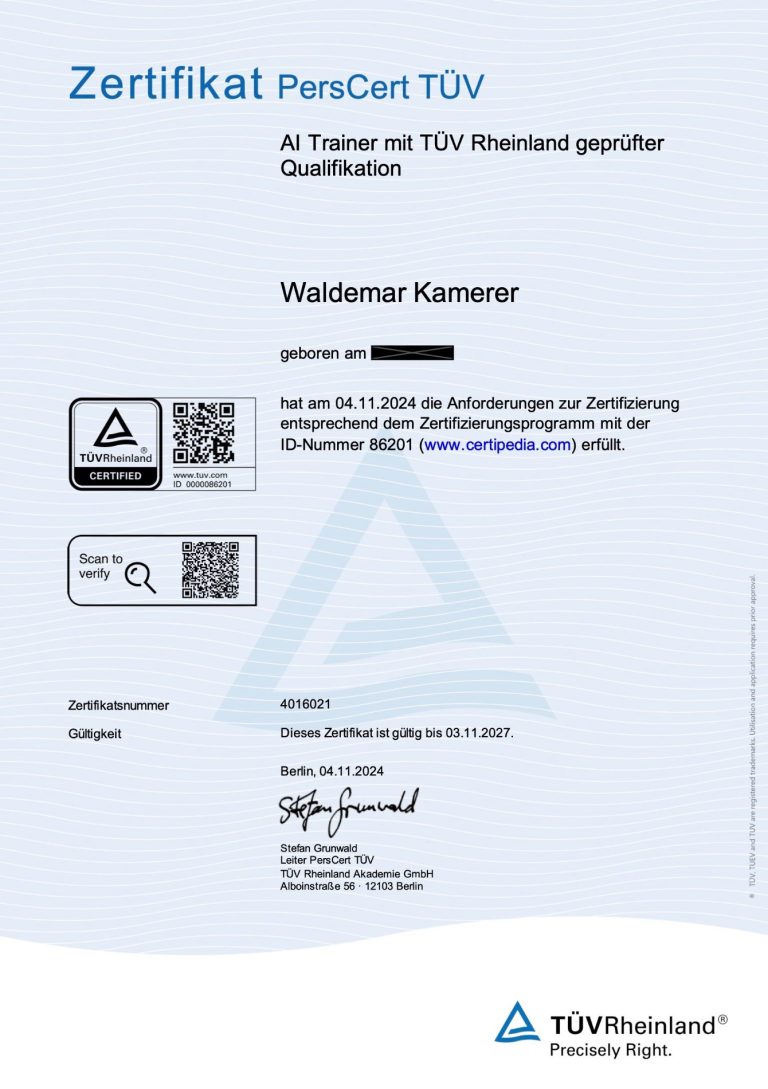 Das TÜV Rheinland Zertifikat über die AI Trainer Qualifizierung von Waldemar Kamerer.