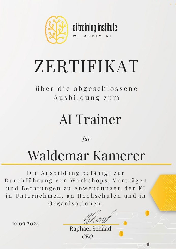 Das Zertifikat des AI Training Instituts über die abgeschlossene Ausbildung zu AI Trainer für Waldemar Kamerer.